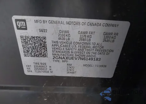 2022 Chevrolet Equinox Awd Lt from USA, damaged, VIN 2GNAXUEV7N6149183